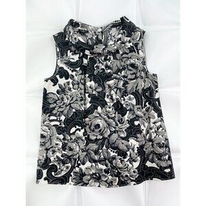 Talbots Sz 6 Pleated Collared Floral Print Top Blouse Black White Waverley s